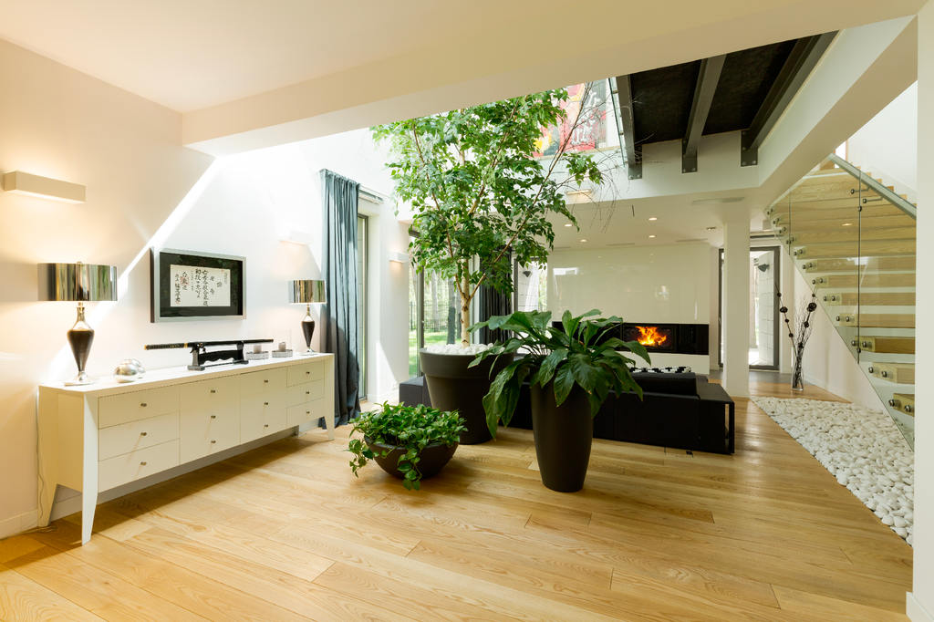 intérieur lumineux et aéré avec des touches de verdure grâce à de grands pots de plantes, un buffet blanc élégant, un escalier moderne avec des marches en verre et un foyer accueillant, le tout sous une structure de plafond incliné avec des poutres apparentes.