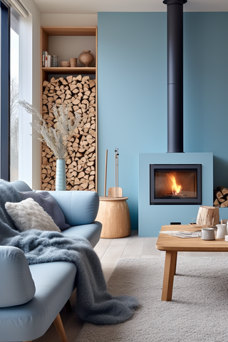 Scandinave, cosy, feu de bois, bleu doux, bois naturel, confortable, épuré, lumineux, chaleureux, moderne.