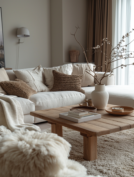 Un salon scandinave épuré avec un canapé en tissu crème, des coussins douillets, une table basse en bois, et une ambiance naturelle soulignée par des branches fleuries