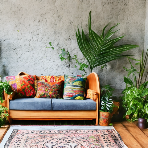 Ce salon est une véritable oasis urbaine, avec ses coussins colorés et ses plantes luxuriantes qui apportent une explosion de couleur et de vie. Le canapé en bois et le tapis persan ajoutent une touche d'exotisme et de chaleur.