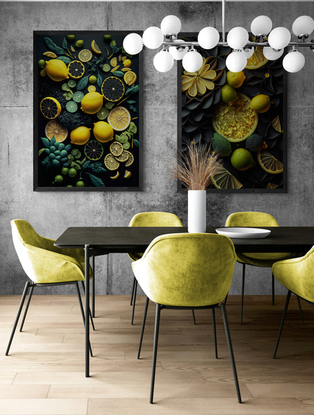 deux magnifique tableaux de fruits jaune encadré dans un cadre noir. 