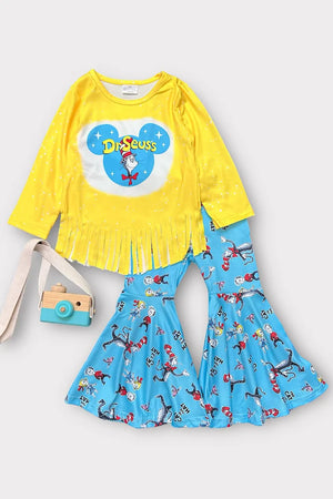 Yellow Fringe Tassel Top With Blue Print Bell Bottoms - judyssmallworld