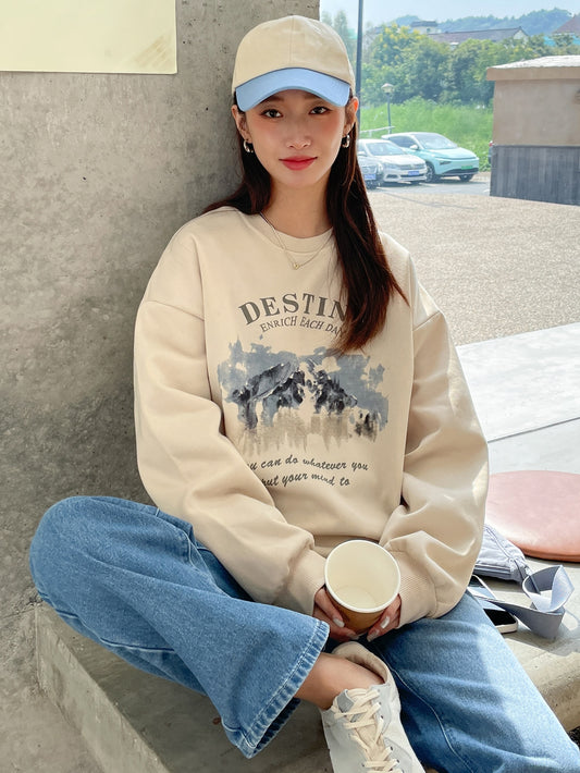 Letter Graphic Drop Shoulder Thermal Pullover