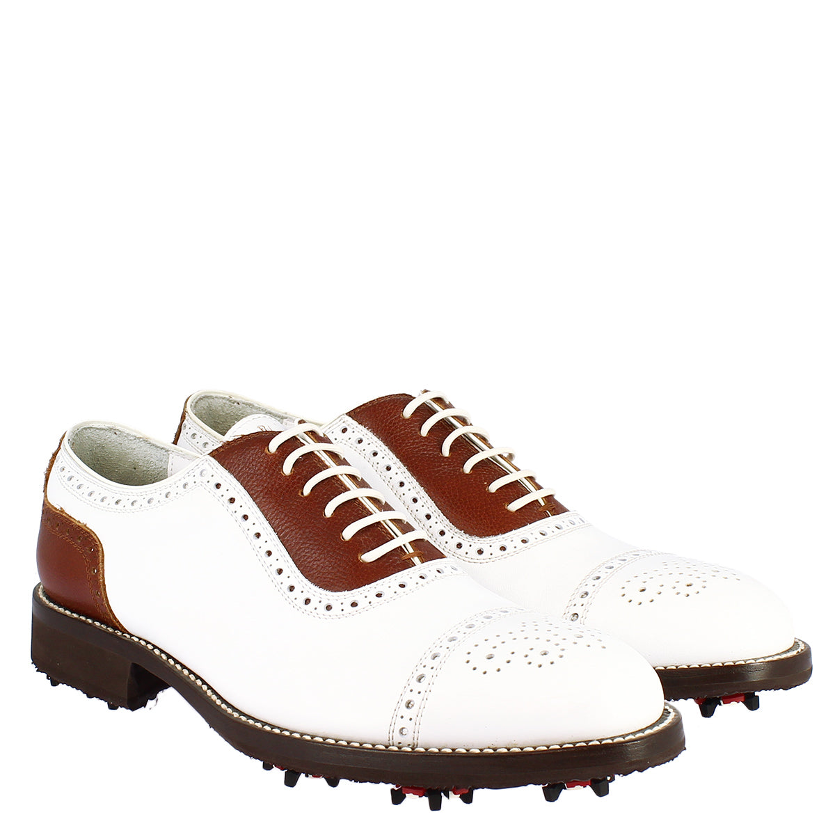 Classic handmade men's golf shoes in brown white calf leather