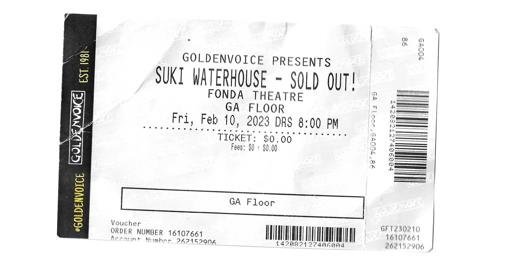 Ticket for Suki's sold out show at Fonda Theatre