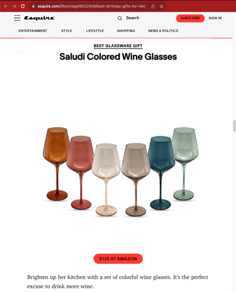 Esquire article - The 30 Birthday Gifts to Get Her in 2023, featuring Saludi Glassware Colored Wine Glasses