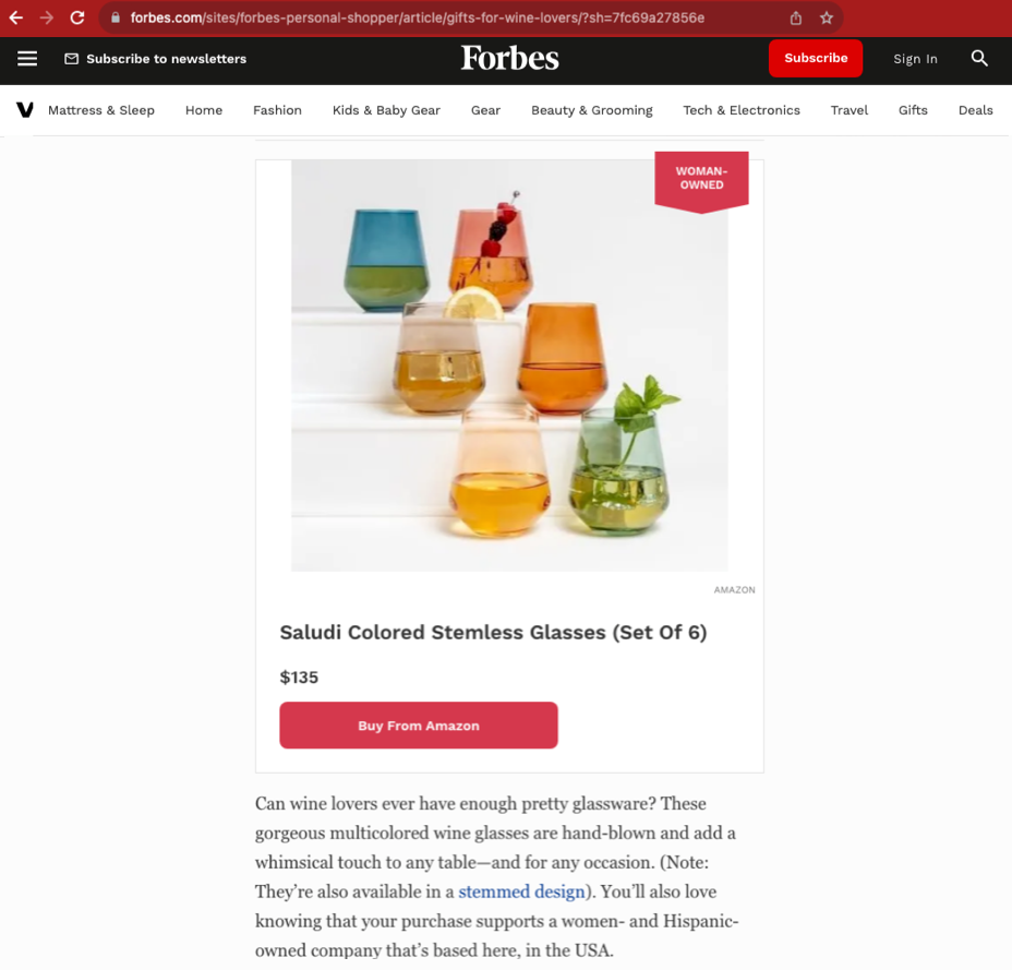 Forbes article featuring Saludi Glassware Colored Wine Glasses