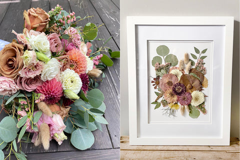 colourful neutral pinks with bunny tails, coffee roses, wedding bouquet before and after drying and pressing locally grown flowers a beautiful wild annapolis valley nova scotia wedding bouquet dried and pressed in frame