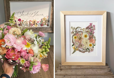 preserved pink wedding bouquet before and after framed