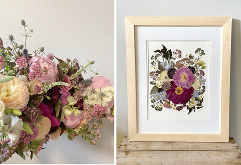 preserved pink peony wedding bouquet before and after framed