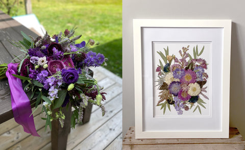 monochromatic purple wedding bouquet before and after drying and pressing locally grown flowers two birds one stone annapolis valley nova scotia wedding bouquet dried and pressed in frame