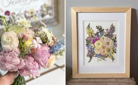 pink peony bouquet preserved and framed before and after