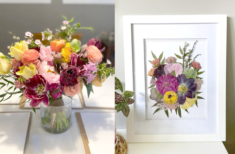 colourful spring wedding bouquet with tulips before and after drying and pressing. two birds one stone annapolis valley nova scotia wedding bouquet dried and pressed in frame