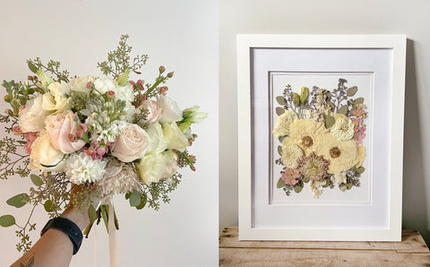 neutral blush wedding bouquet before and after drying and pressing. two birds one stone annapolis valley nova scotia wedding bouquet dried and pressed in frame