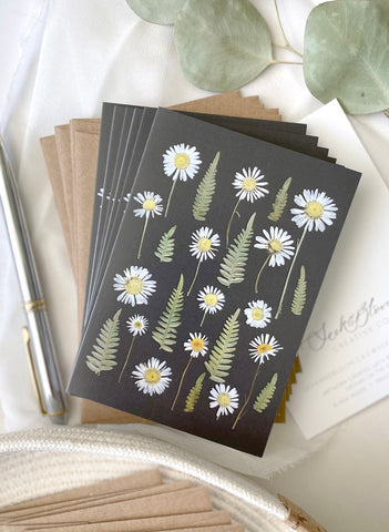 blank notecard set black card with white wild daisy and ferns