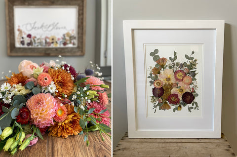 fall colour dahlia bouquet pressed and framed into art.