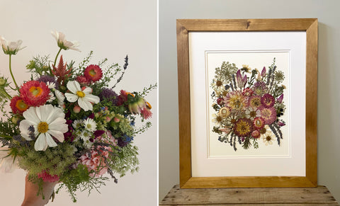 cosmo and wild flower bouquet preserved and framed before and after.