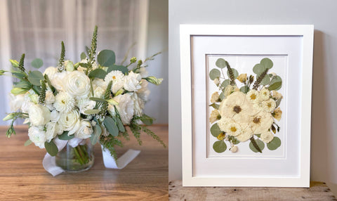 white wedding bouquet before and after drying and pressing. two birds one stone wedding bouquet dried and pressed in frame