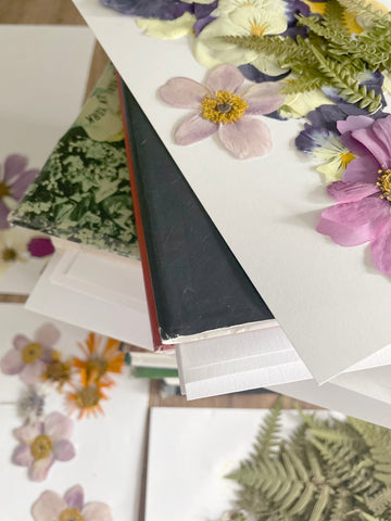 stack of books being used to press flowers