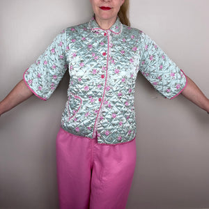 1950s Pajama Set, A Miss America Original Size Medium, Quilted Rose Print Satin - Proveaux Vintage - Miss Elaine Pajamas