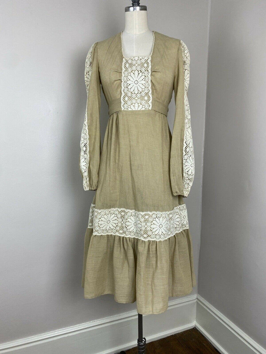 1970s Prairie Midi Dress, Tan Gauze and Floral Lace, PBJ by Jerell, Si ...