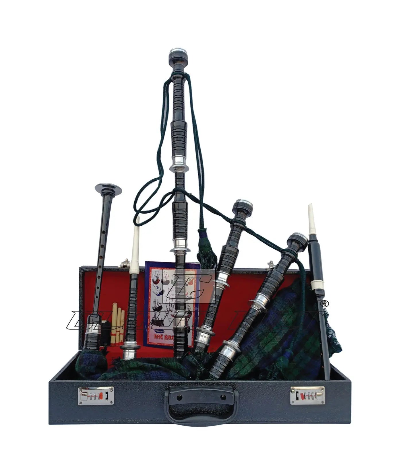Black Watch Tartan Highland Bagpipe Set Black With Silver Finish With Hard Case