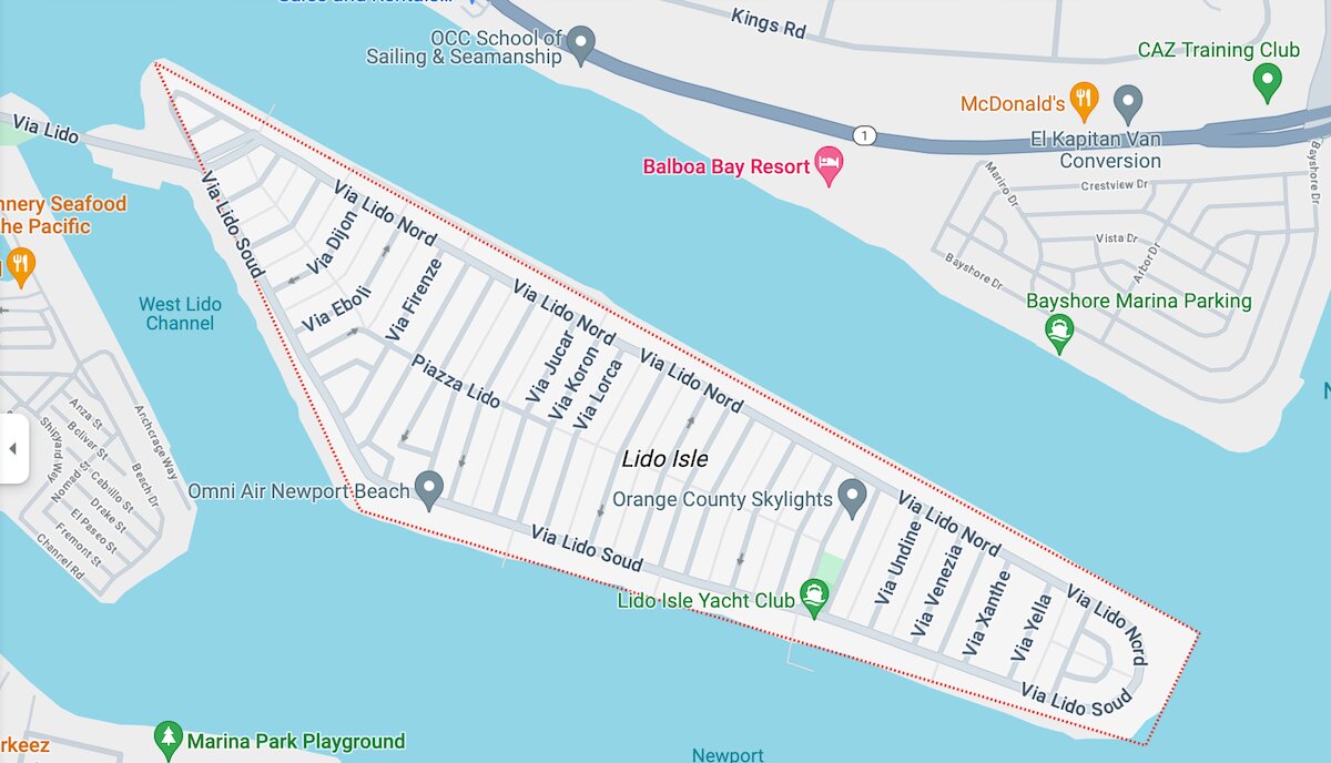 Paddle Boarding Newport Beach California - Lido Isle map