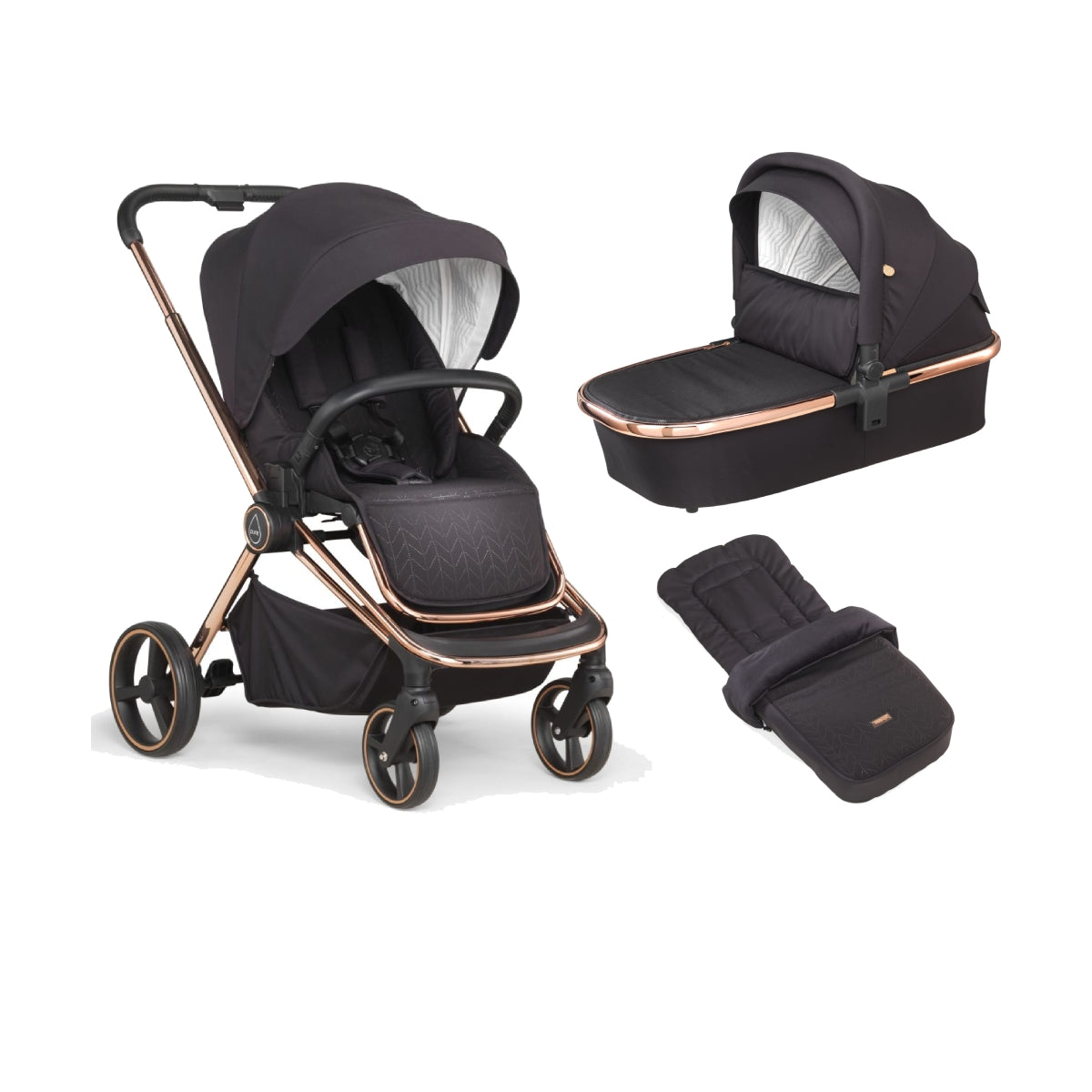 Rose gold shop and black pram