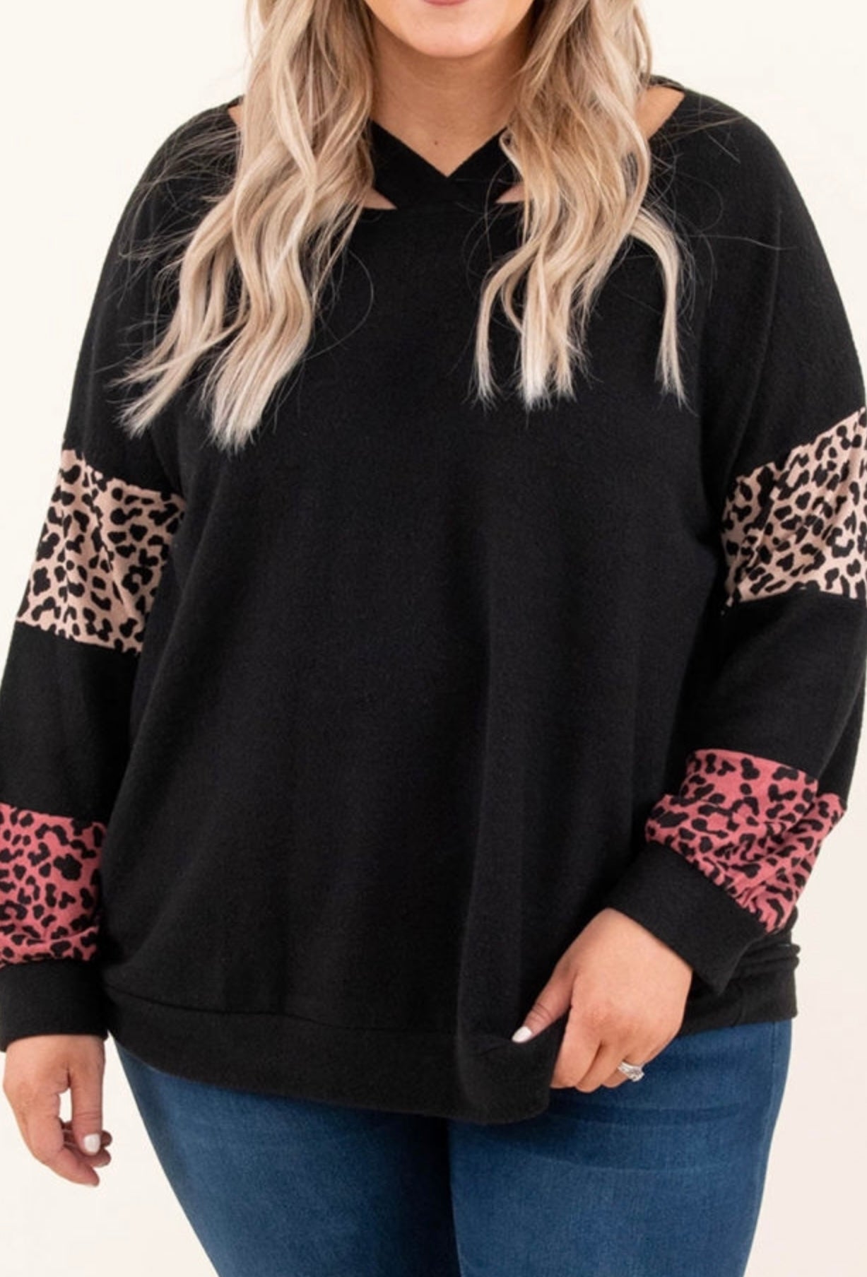 Preorder: Plus Leopard Patchwork Strap Neck Top (1X-4X)
