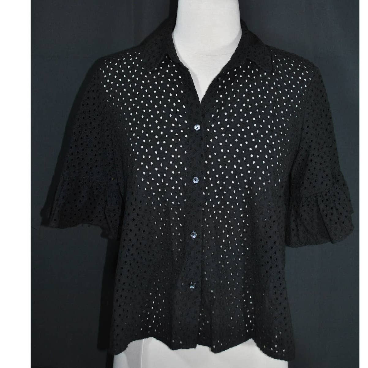 Madewell Black Eyelet Button Up Short Sleeve Top - S