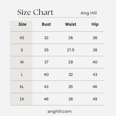 Size chart women's clothing Ang Hill