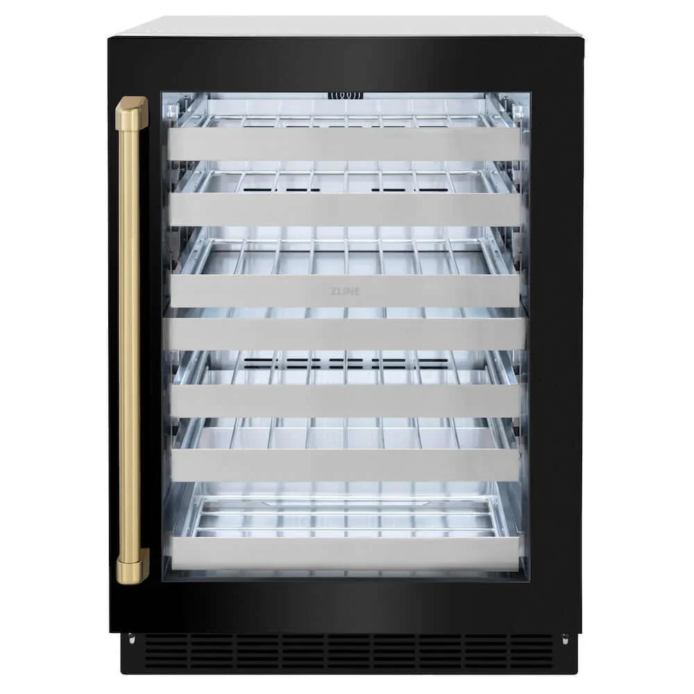 ZLINE 24" Touchstone Dual Zone 44 Bottle Wine Cooler Black Stainless Steel Glass Door Champagne Bronze Handle  RWDOZ-BS-24-CB