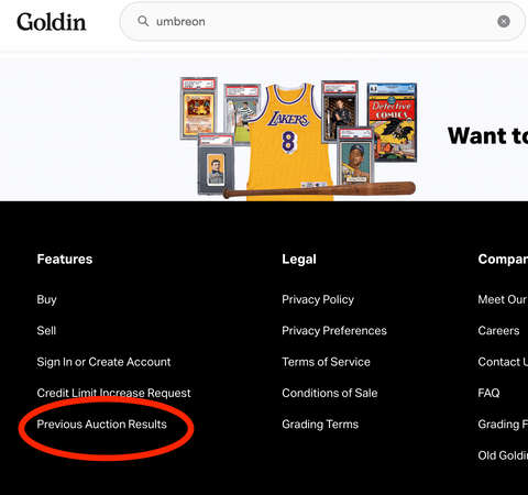 Goldin Auctions footer menu