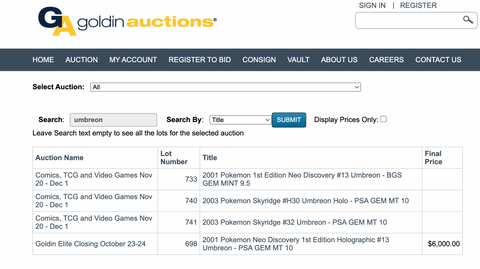 Goldin Auctions sold listings results for Umbreon