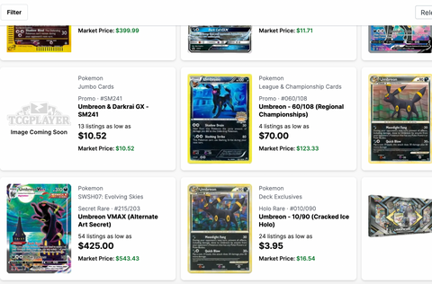 TCG Player search results for "Umbreon"