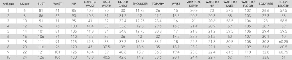 AHB atelier size chart