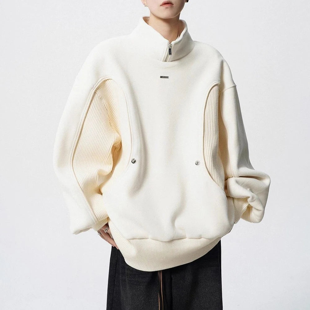 Bonsir American High Street Fashion Half Zipper Sweatshirt Men Spring Autumn Trend Casual Stand Collar Jacket Design Splicing Top