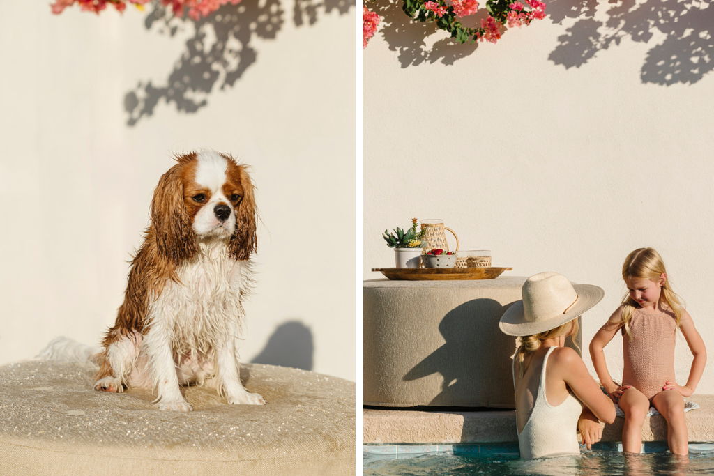 Dog, Mom & Kid Hanging By Pool With Bliss Pouf