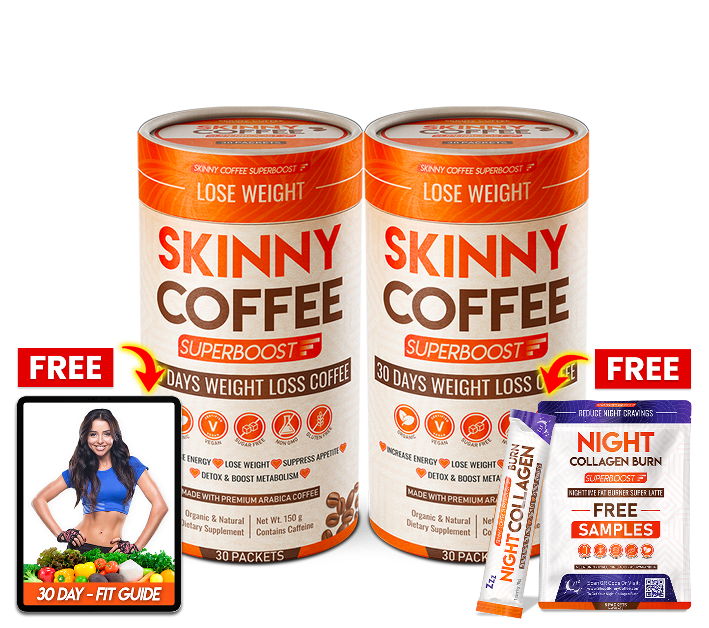 Oferta de 6 Skinny Coffee con Guía Fitness Gratis, Llamada de Consulta Gratuita y Muestras Gratis de Night Collagen Burn