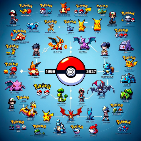 Une infographie informative détaillant la chronologie des sorties des jeux vidéo Pokémon, mettant en évidence les titres clés depuis les originaux Rouge et Bleu jusqu'aux dernières sorties.