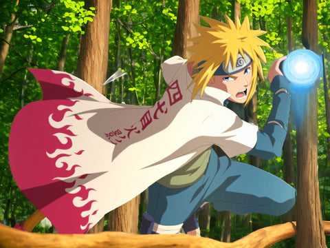 Minato qui utilise son Rasengan dans la forêt