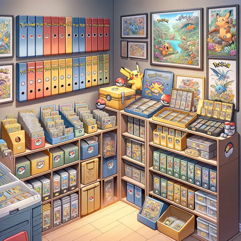 Illustration détaillée qui montre diverses manières de ranger et d'organiser une collection de cartes Pokémon