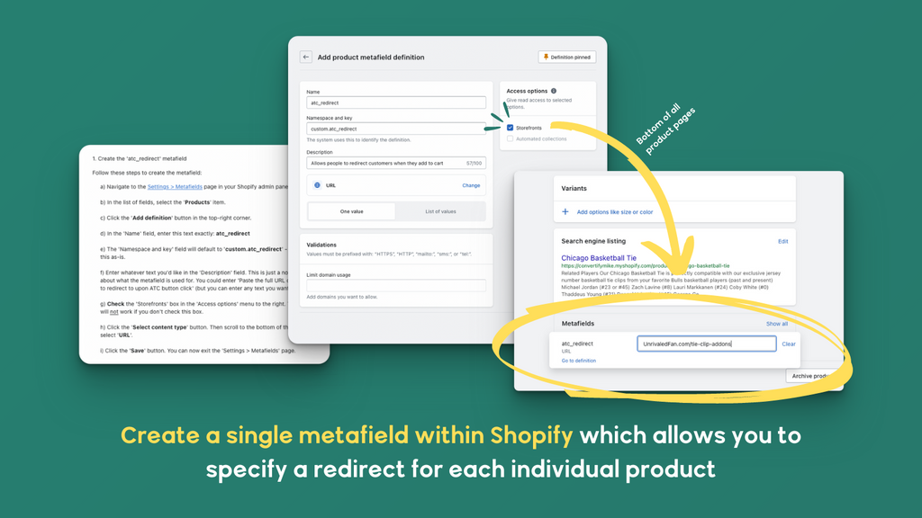 Redirects (or no redirects) are configured on a product-by-product basis using a metafield