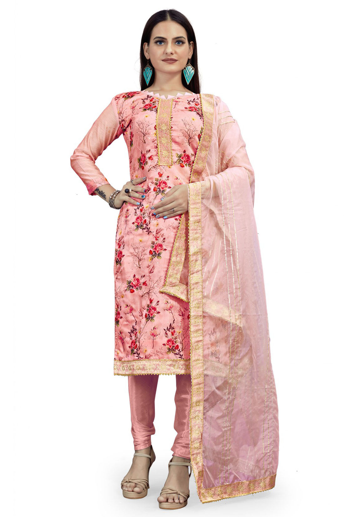 Peach Colour Unstitched Chanderi Printed Churidar Suit