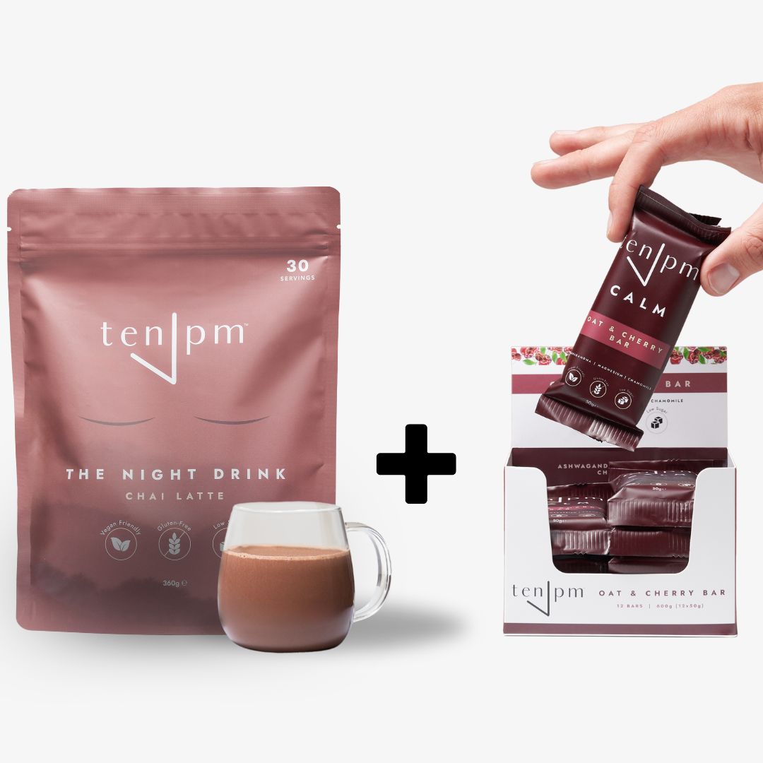 Pack of tenpm chai latte mix with a glass, plus box of tenpm oat & cherry bars.