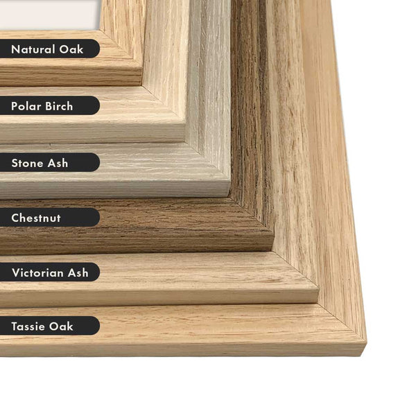 Different timber wood stain finishes for photo frames