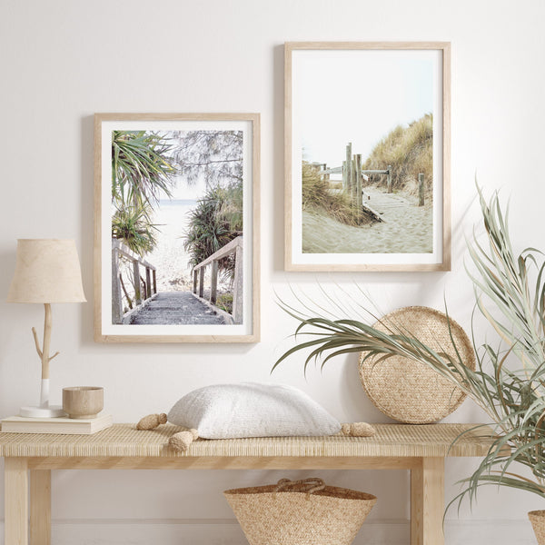 Display of Beach Vibe Wall Prints in Natural Oak Picture Frames