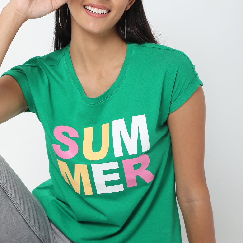 Women's Green Cotton Printed T Shirt