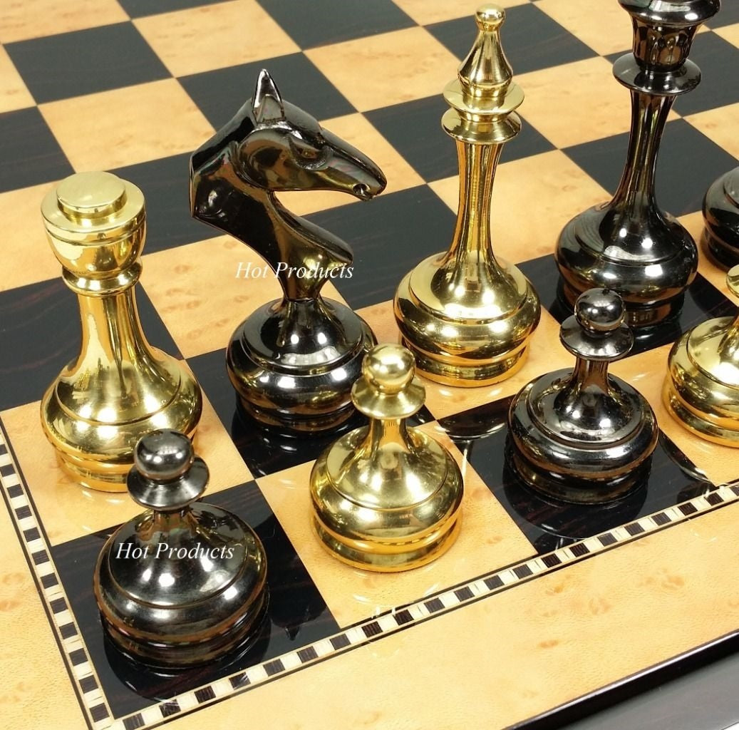 Brass Metal Gold & Black Chrome Modern Slim Staunton Chess Men Set