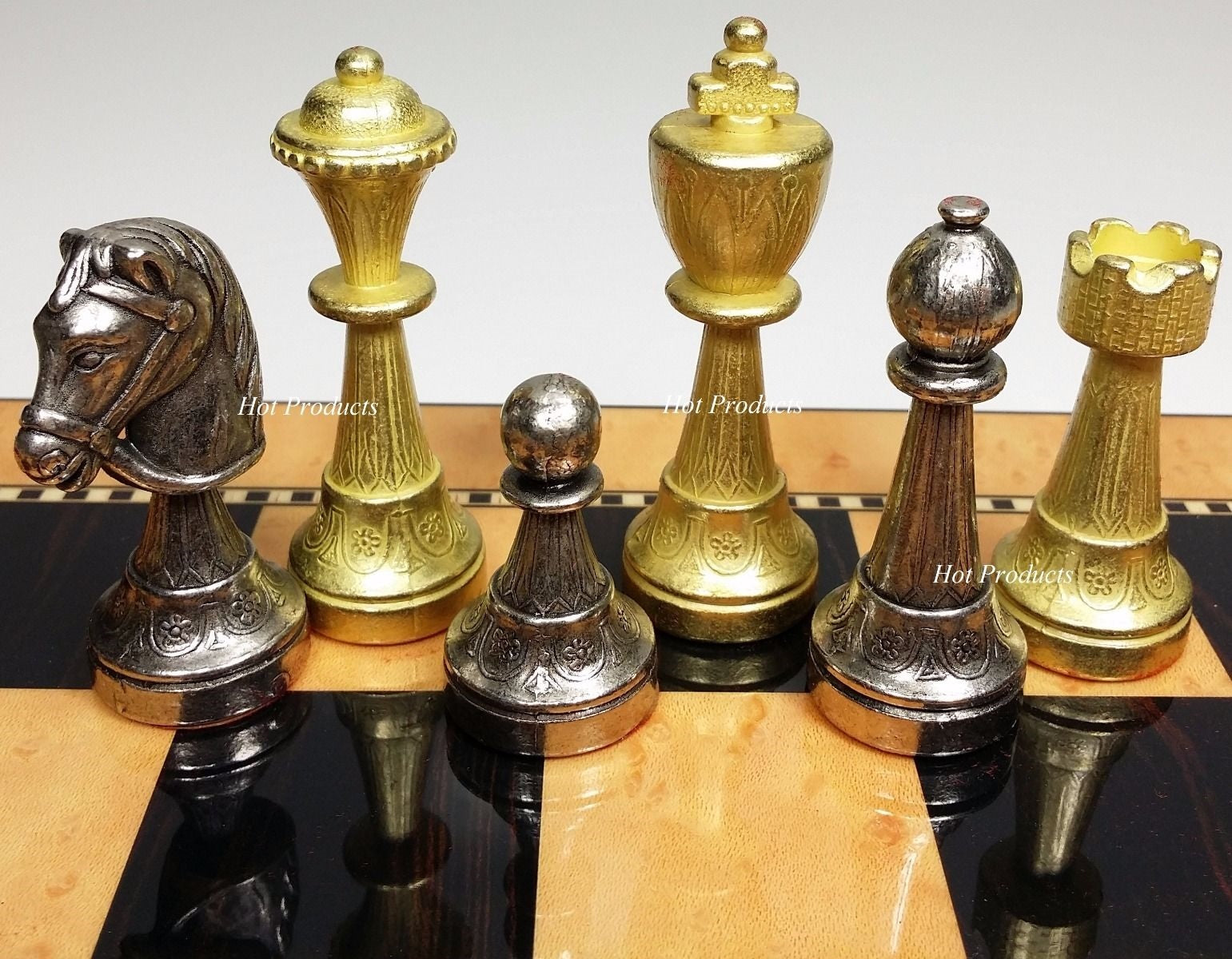 Brass Metal Gold & Black Chrome Modern Slim Staunton Chess Men Set